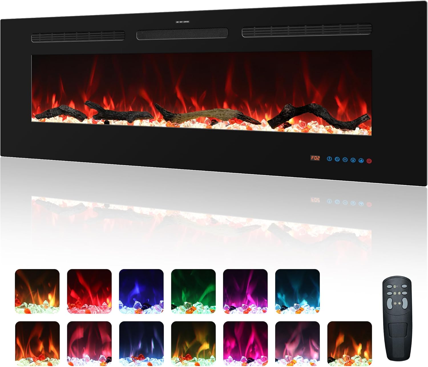 114 cm Electric Fireplace, Recessed and Wall Mounted Fireplace Heater, 750W/1500W with Remote Control, Touch Screen, 13 Flame Colors, Timer