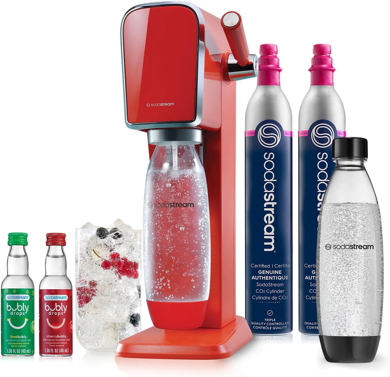 SodaStream Art Sparkling Water Maker Bundle (Mandarin Red), with CO2, DWS Bottles, and Bubly Drops Flavors
