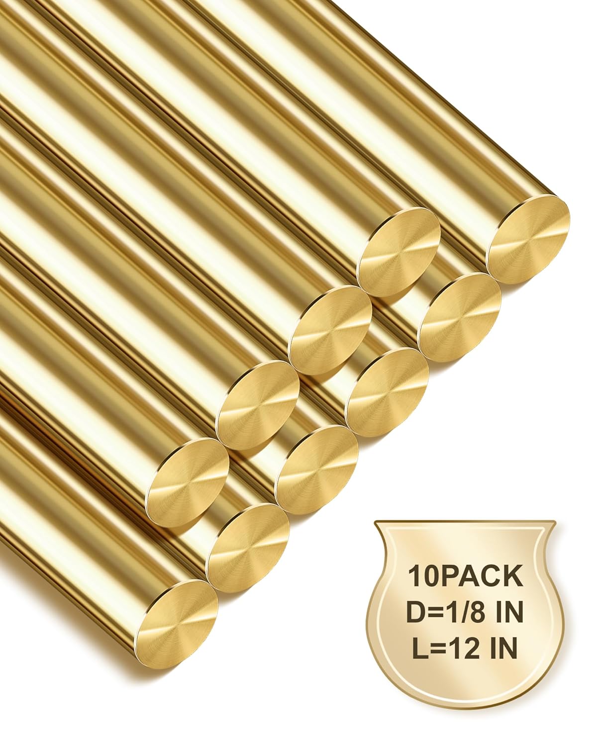 10-Pack Solid Brass Rods, 1/8 x 12 Inch Brass Rod, Premium Brass Round Stock, Precision-Cut with Polished Finish, Ideal for Knife Handle Pins, Machining, Crafts, and DIY Projects