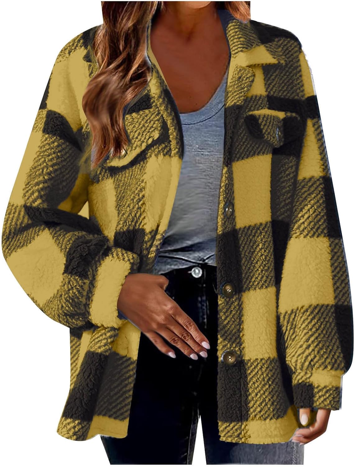 Womens Fleece Sherpa Jacket Casual Winter Jacket Oversized Button Down Jacket Trendy Flannel Plaid Jacket with Pocket