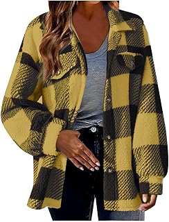 Womens Fleece Sherpa Jacket Casual Winter Jacket Oversized Button Down Jacket Trendy Flannel Plaid Jacket with Pocket