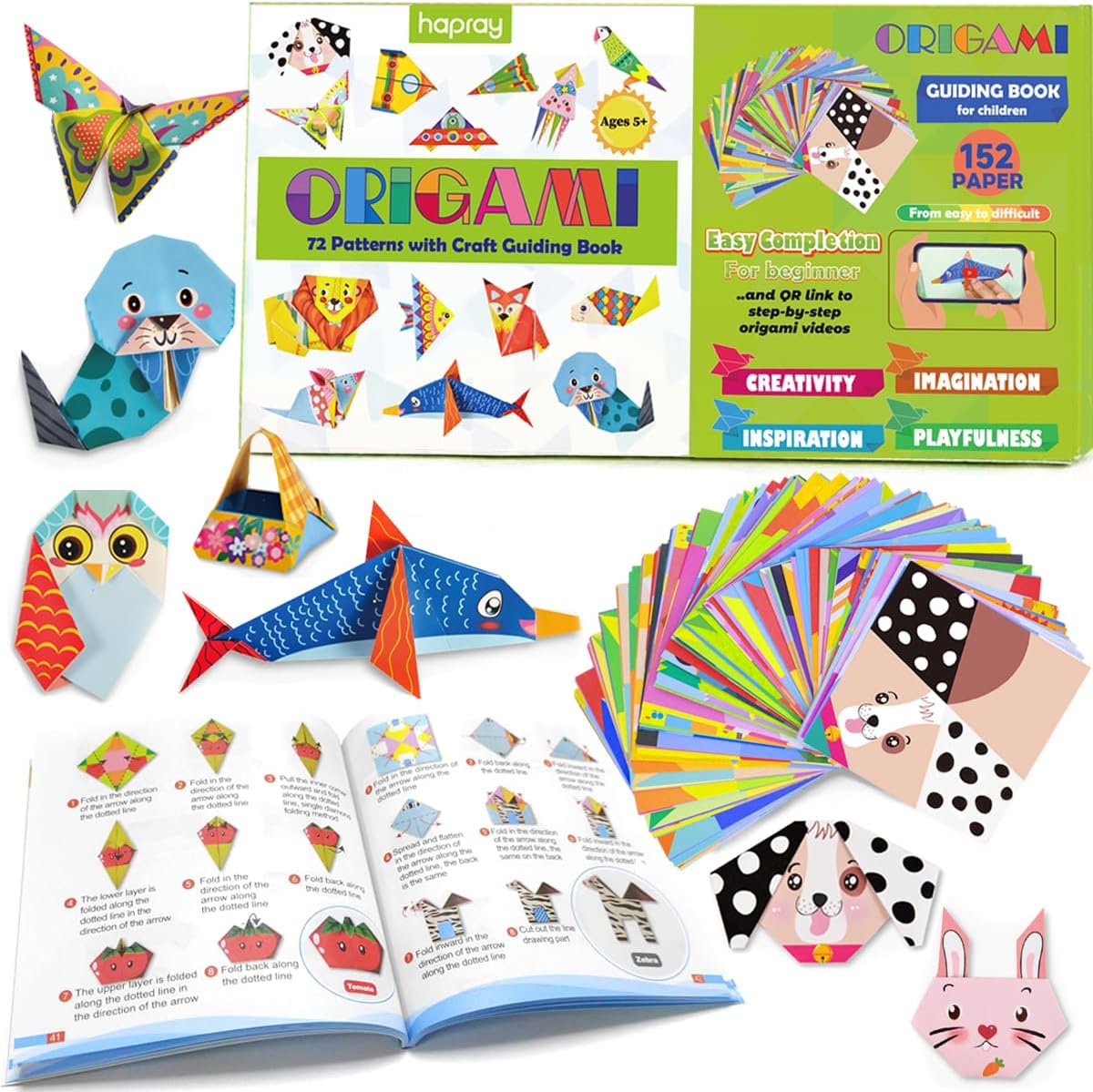 hapray Origami Kit for Kids Ages 6-12 10 Year Olds, with Guiding Book, 152 Paper with 72 Patterns, DIY Art and Craft Projects Activity, Beginners Children's Day Gift Childs Boys Girls