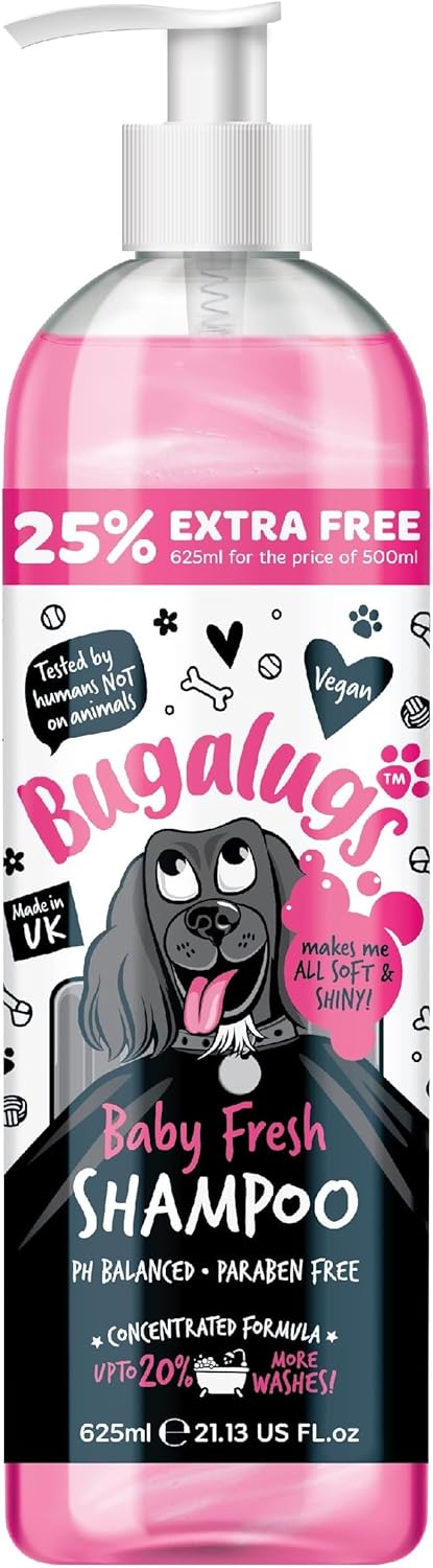 BUGALUGS Baby Fresh Dog Shampoo grooming products for smelly dogs with baby powder scent, best puppy shampoo, Vegan pet shampoo professional (625ml)