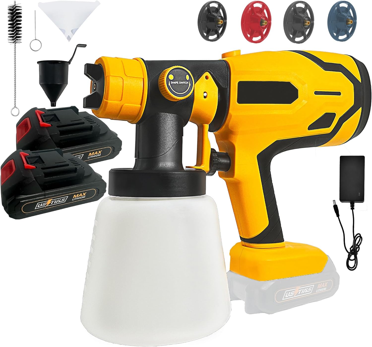 Cordless Paint Sprayer with 2 Battery,Paint Sprayer Gun with 2 x 2.0Ah Battery & 1000ml High Capacity 4 Nozzles, HVLP High Pressure Paint Gun,600W High Power Paint Sprayer for Home DIY