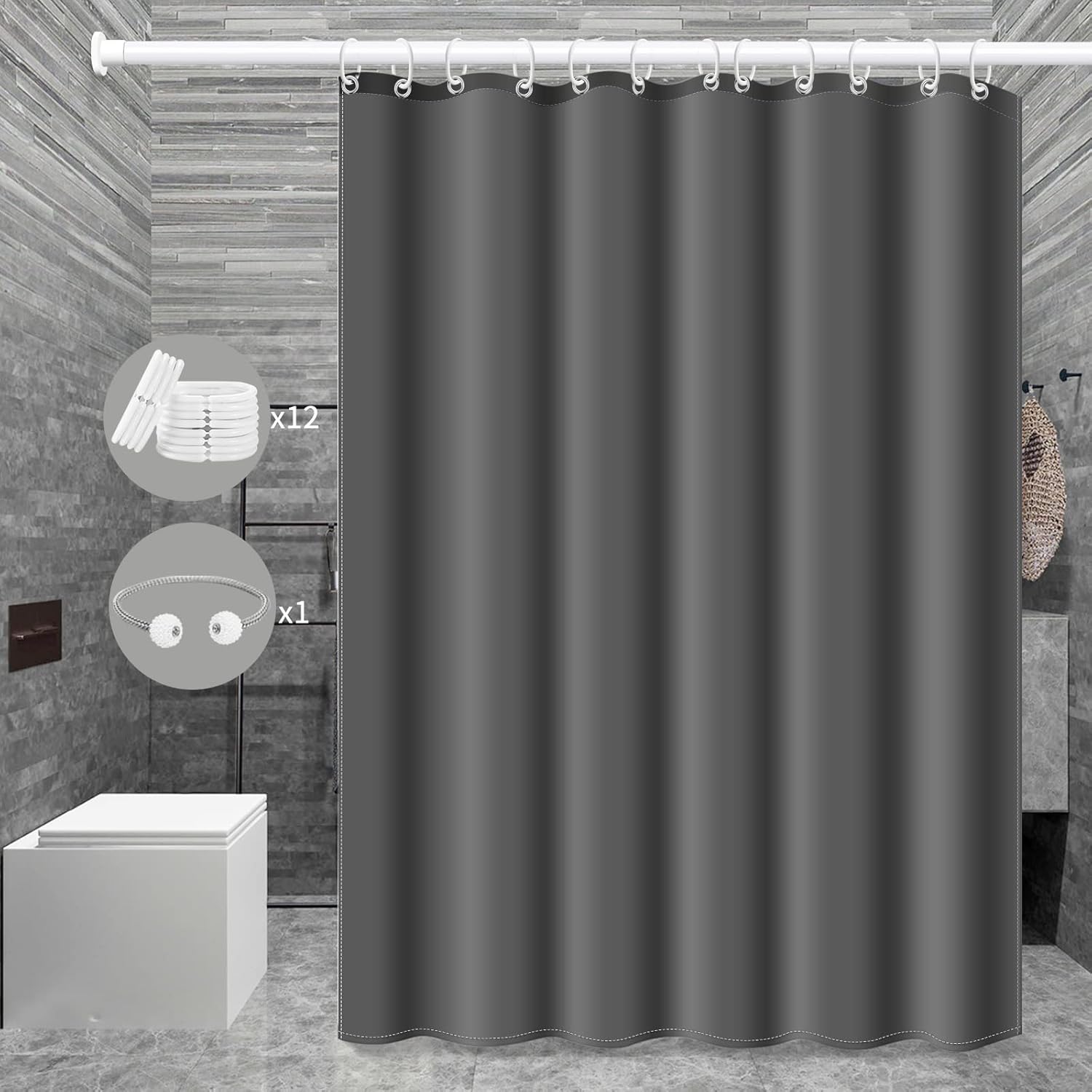 Miorkly Shower Curtain Dark Gray,Anti-Mould Proof Resistant,Resistant Washable Bathroom Curtains,Waterproof,Weighted Hem,100% Polyester,12 Hooks and 1 Magnetic Rope(180 x 180 cm,Dark Gray)