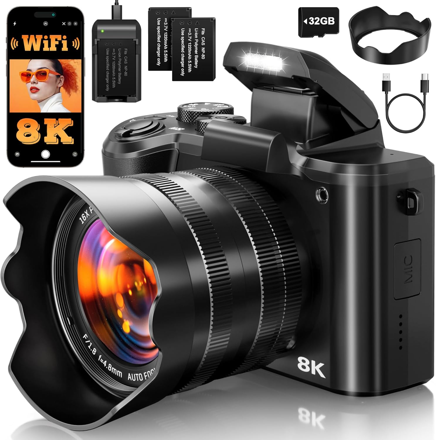 8K Digital Cameras for Photography Autofocus, 2026 Upgrade 88MP WiFi Professional 16X Zoom Photography Camera with Dual-Lens for YouTube, SD Card, Lens Hood, Touch Screen, 2 Batteries & Charging Stand
