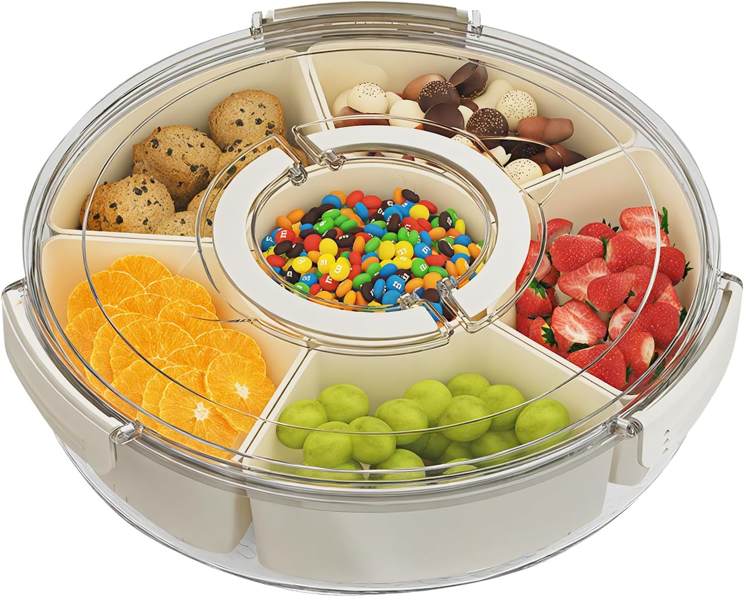 Leerweii Divided Serving Tray with Lid and Handle, Rotating Snack Box with 6 Compartments Snack Tray Round Portable Food Storage Divided Platter for Fruit Veggie Candy Spice