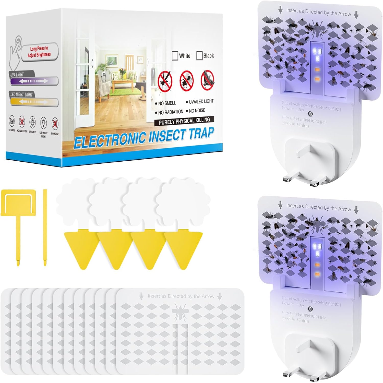 Fruit Fly Trap Indoor(2 Device + 12 Refills), Fly Catcher for House, Plug-in Night Light for Flies with UV Attractant, Flying Insect Trap with Adjustable Brightness