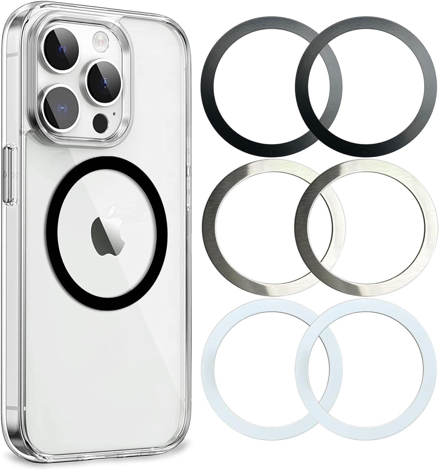 Universal Metal Rings Compatible with Magsafe Sticker,Magnetic Ring for Phone Cases & Wireless Charging, 6 Pack (2 Black,2 White & 2 Silver)