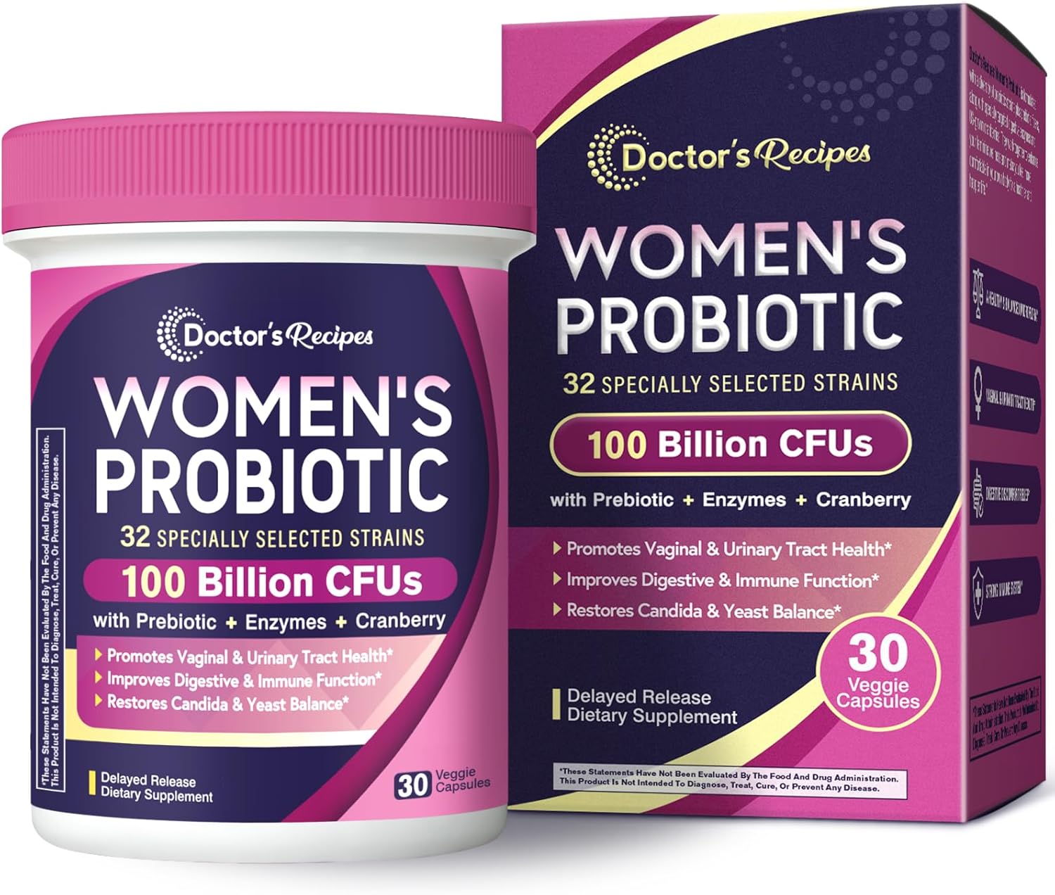 Doctor's Recipes Probiotics for Women, 100 Billion CFU 32 Strains, with Prebiotic Fiber, Enzymes & Cranberry, Vaginal Urinary Digestive & Immune, No Yeast, Shelf Stable, Delayed Release, 30 Caps