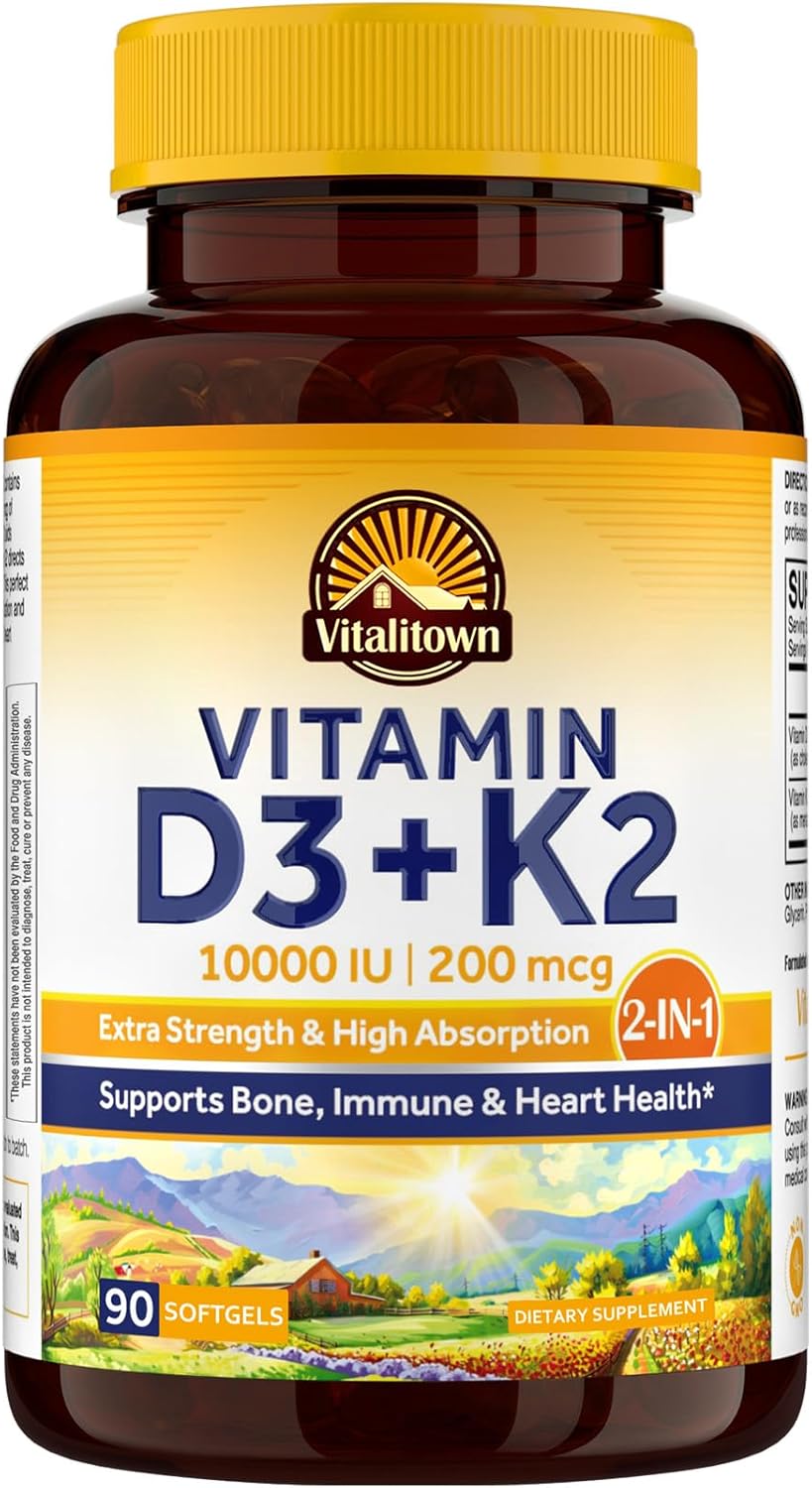 Vitalitown Vitamin D3 K2 Supplement, Vitamin D3 10000 IU Vitamin K2 (MK7) 200 mcg, 90 Softgels, Non-GMO, No Gluten & Soy, for Bone, Teeth, Immune, Heart & Muscle Health