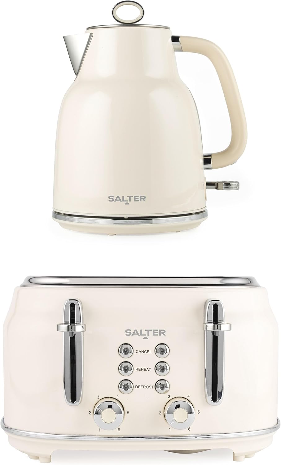 Salter Retro Kettle & Toaster Set – 1.7L Fast Boil Kettle With Removable Limescale Filter, 4-Slice Wide Slot Toaster, Thick Bread, High Lift Eject, Blue Indicator Lights, 3kW/1630W, Cream, COMBO-9352