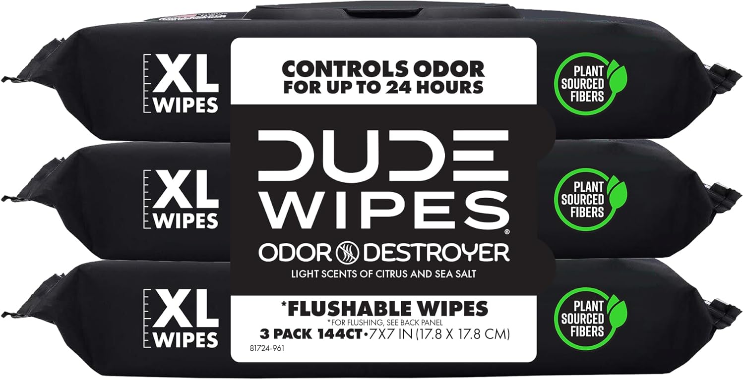 DUDE Wipes - Flushable Wipes for Adults - 3 Pack, 144 Count - Odor Destroyer XL - Deodorizing with Clean Scent - Up to 24 Hours of Odor-Destroying Technology