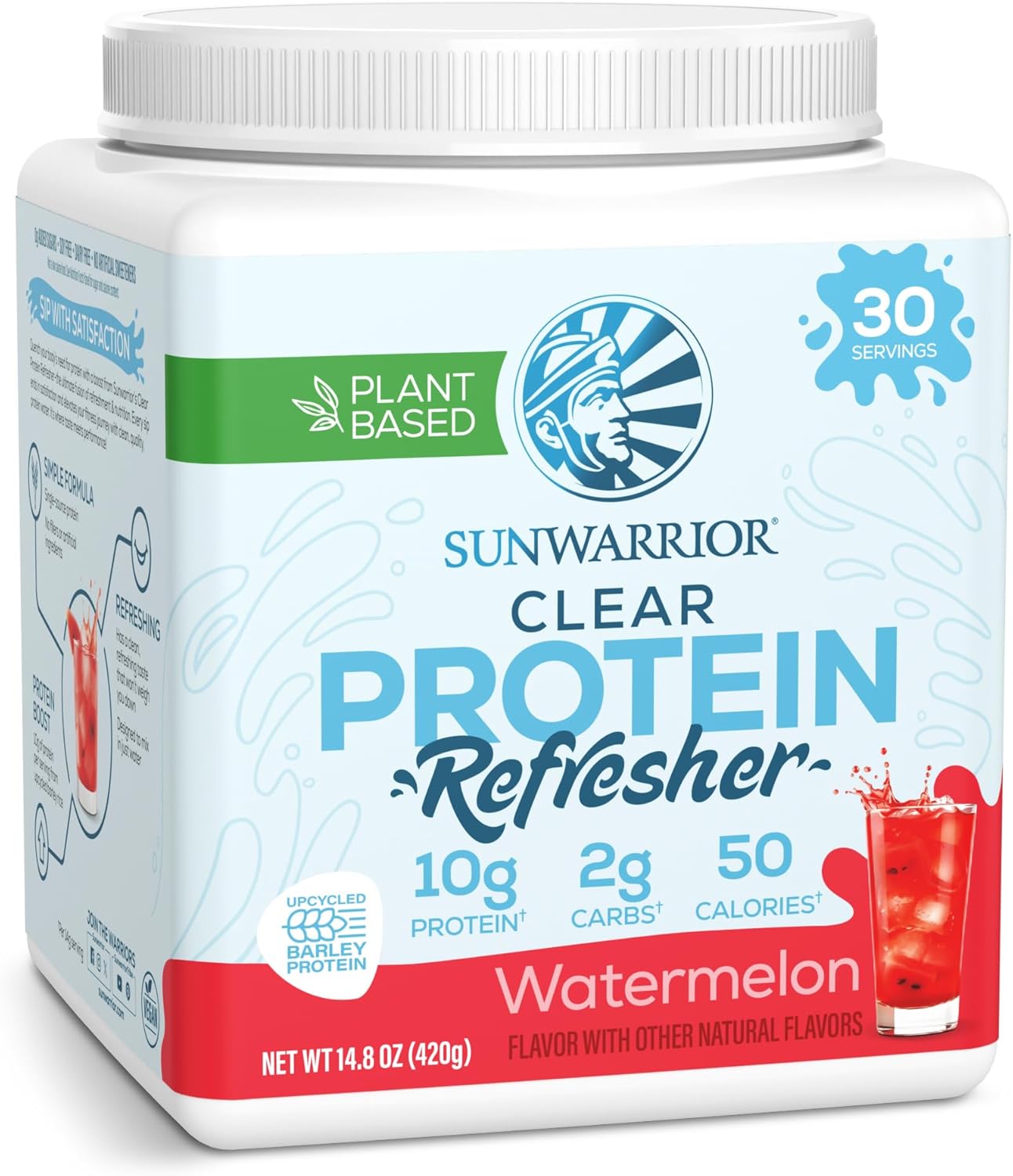Sunwarrior Clear Protein Powder Plant-Based Water Mix, Vegan and Refreshing Protein and Hydration Supplement 10g Per Serving Watermelon Flavored 420g Tub 30 Servings