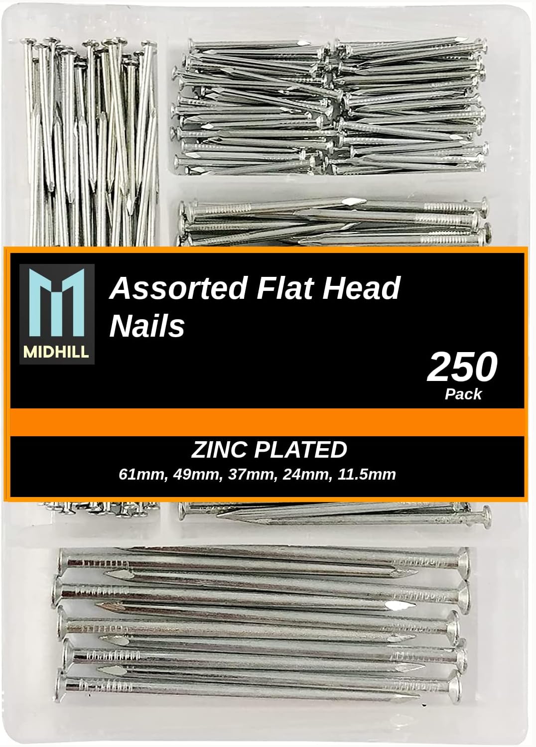 MIDHILL® 250pk Assorted Nails for Wood – Iron Nails for Hanging Pictures | Long, Medium and Small Wall Nails for DIY and Crafts, Home Décor, Woodwork, Furniture and Construction