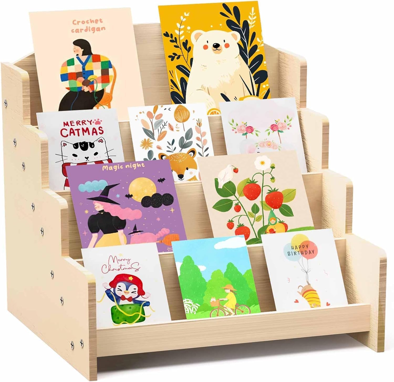Greeting Card Display Stand, 4-Tier Wooden Sticker Card Display Holder, Display Rack for Brochure, Postcards, Photos, Stickers, Retail Craft Fair Showcase