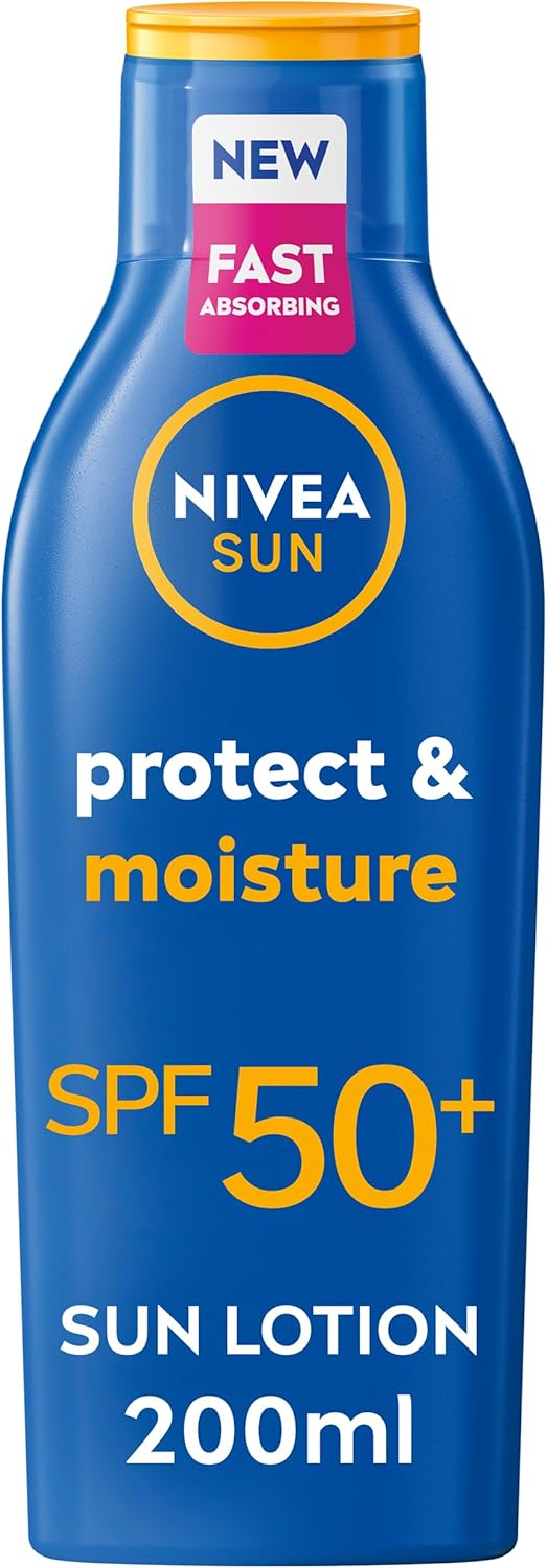 NIVEA SUN Protect & Moisture Sun Lotion SPF 50+ (200 ml), Suncream with Vitamin C and Hyaluron, Provides 48H Moisture and Immediate UVA/UVB Protection, Fast-Absorbing, No White Cast Formula