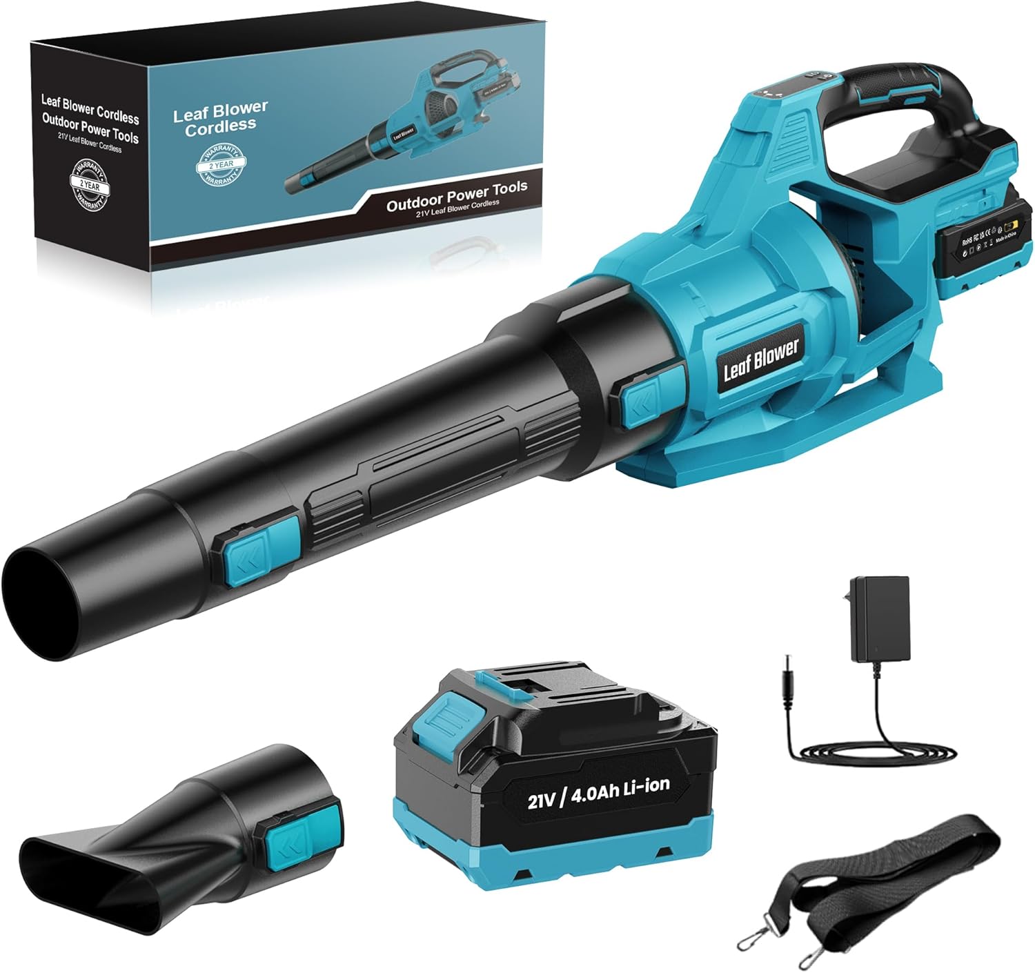 LEEIKOO Leaf Blower Cordless, 21V Garden Blower with 4000mAh Battery, 3 Speed Settings Battery Leaf Blower, 2 Blow Tubes, Shoulder Strap for Leaf, Snow, Dust and Debris Blowing