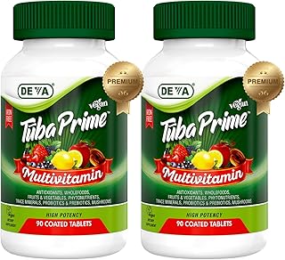 DEVA Tuba Prime Vegan Multivitamin Iron-Free High-Potency Vitamin & Mineral Dietary Supplement Antioxidants, Fruit & Veg Blend, Super Mushrooms, Probiotics, Prebiotics, Seeds, Herbs 90 Tabs 2-Pack
