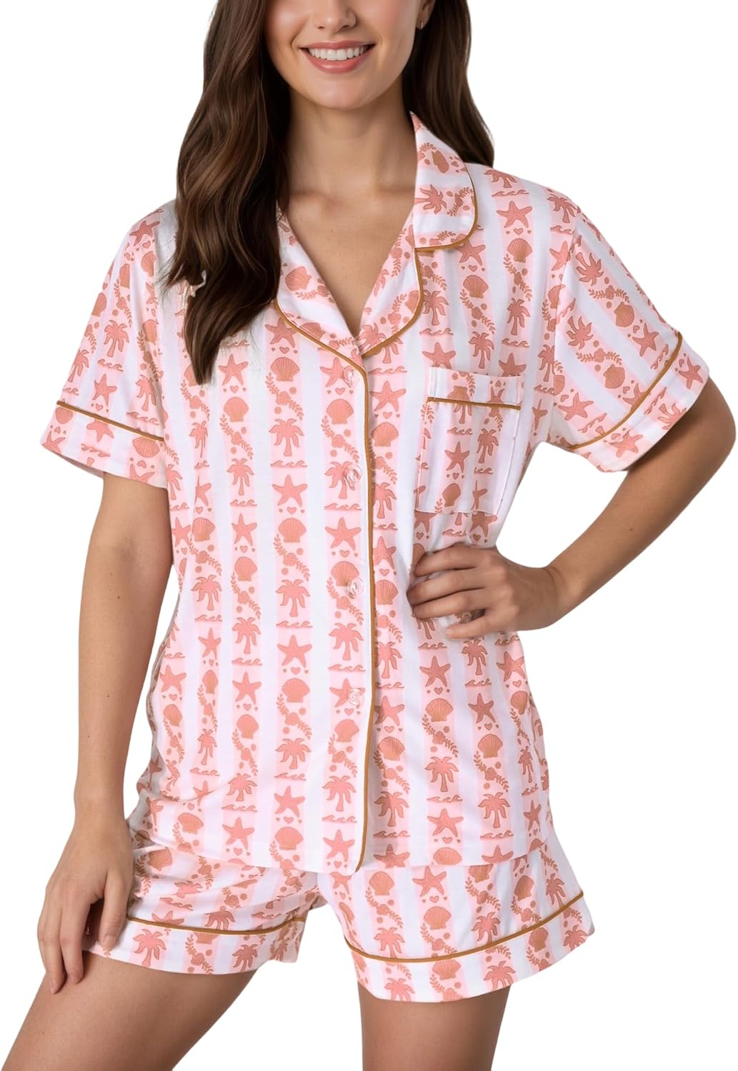 Pajamas for Womens Set Summer 2 Pece Pjs Matching Shorts Set Loungewear Palm Sleepwear for Beach Vacation, Holiday