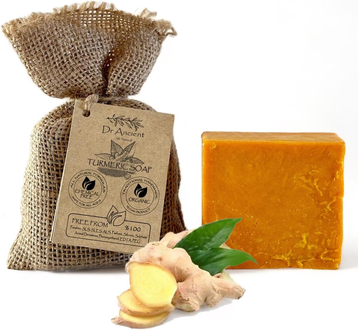 Dr.Ancient Turmeric Soap Bar Organic Natural Vegan Traditional Handmade Antique - Anti Ageing Skin Lightener, Even Skin Tone - Absolutely No Chemicals! Pure Natural Soap!