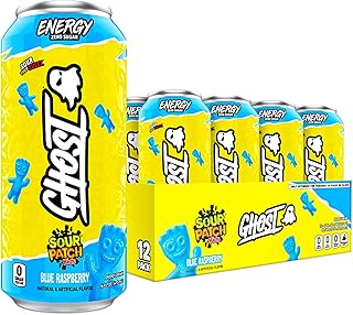 GHOST Energy Drink - 12-Pack, Sour Patch Kids Blue Raspberry, 16oz - Energy & Focus & No Artificial Colors - 200mg Natural Caffeine, L-Carnitine & Taurine - Gluten-Free & Vegan