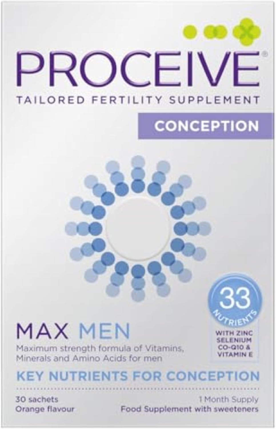 Proceive® MAX Men- Fertility Supplement for Conception - Vitamins & Minerals for Men Trying to Conceive - Selenium, Zinc, Co Q10, Vitamin D - 30 Sachets (1 Month Supply) - Vegan