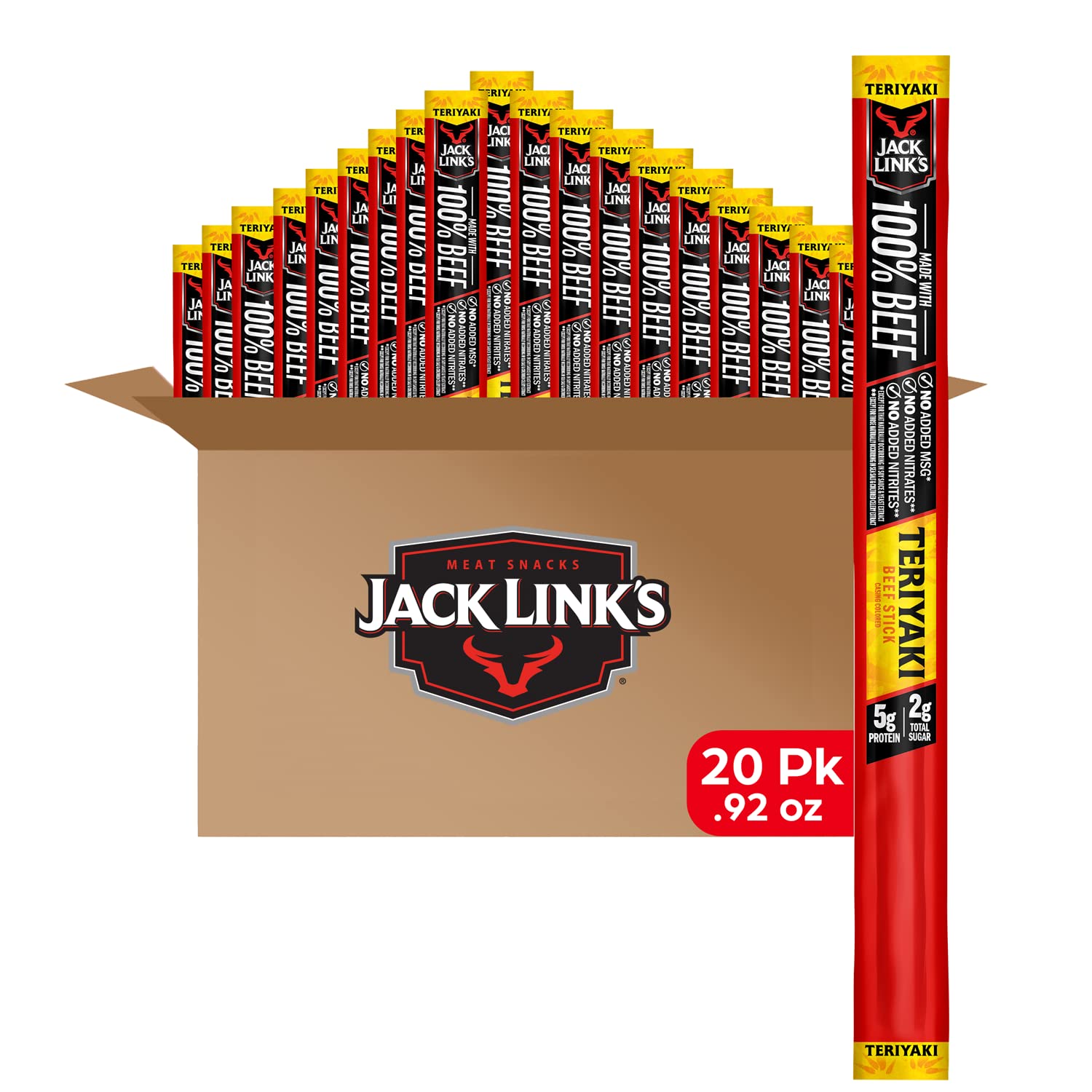 Jack Link's Beef Sticks, Teriyaki - Protein Snack, Meat Stick with 5g of Protein, Meat Snack Sticks Made with 100% Beef, Keto Friendly, Individually Wrapped - 0.92 Oz. (20 Count)