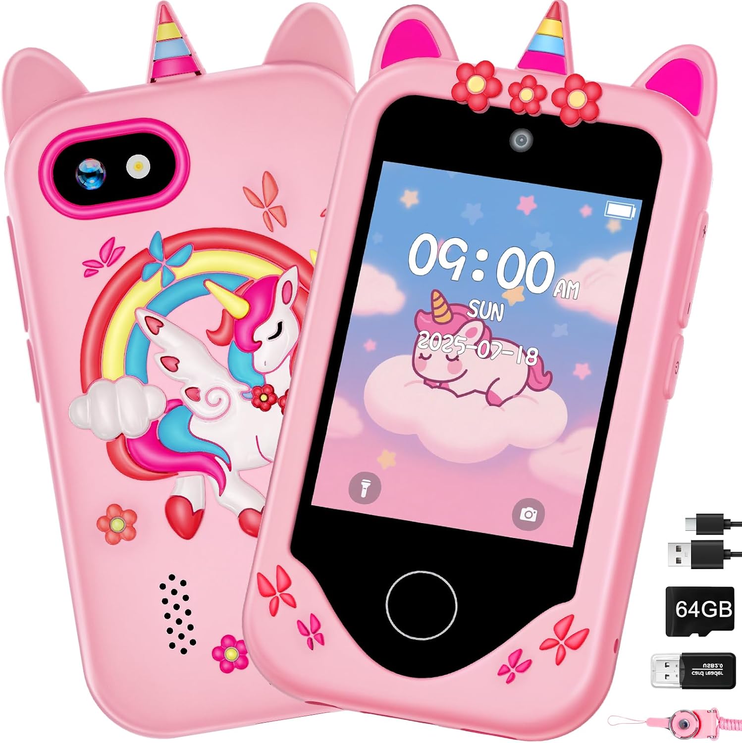 Kids Smart Phone for Girls, Touchscreen, 64GB Card Birthday Gifts for Girls Age 3, 4, 5, 6, 7, 8, 10 Year Old, Toddler Educational Learning Toys Phone with Dual Camera, Game, Music Player, Pink