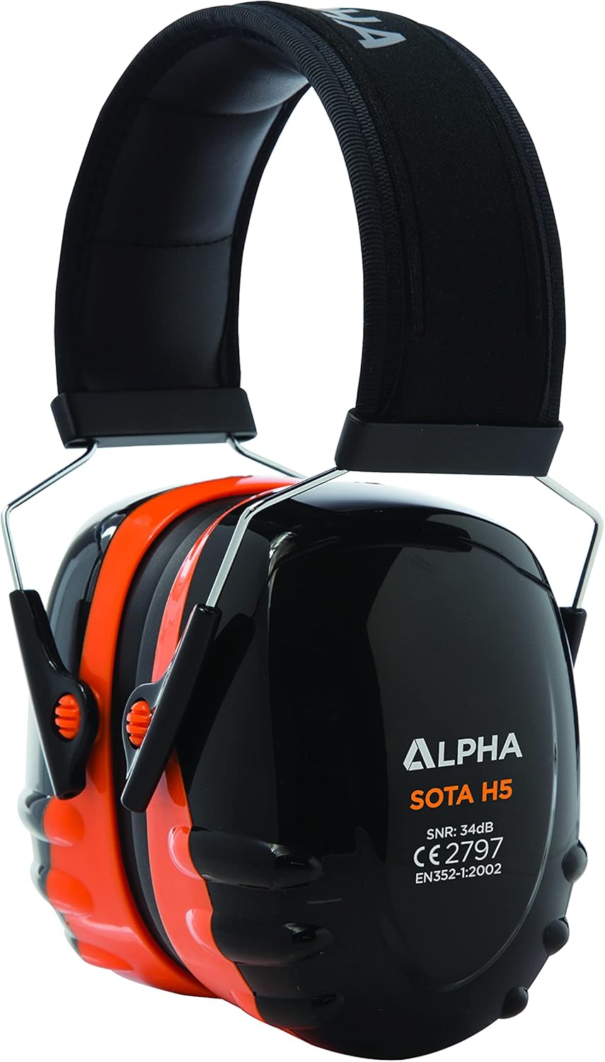 Alpha Sota H5 Black, Orange Ear Defenders Adults- Safety Earmuffs with Headband, Hearing Protection Against High Noise Levels Upto SNR 34DB