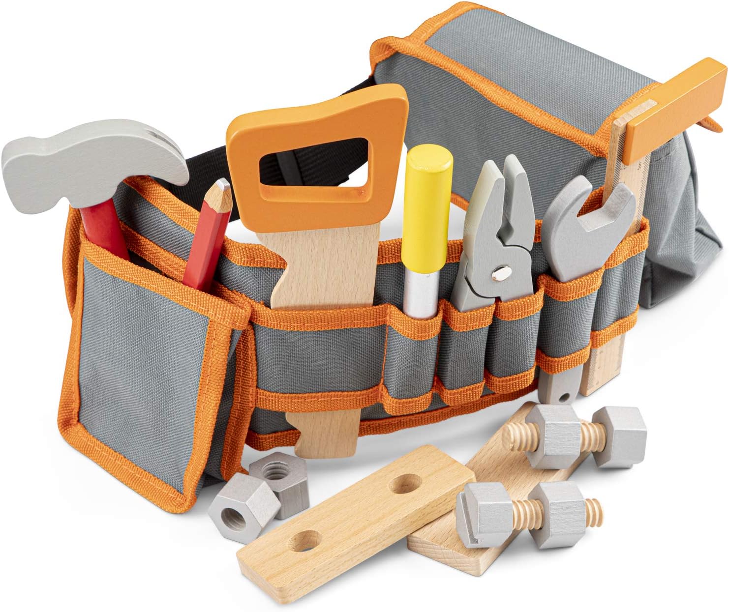 New Classic Toys - Tool Belt Set - Orange - Wooden Pretend Play Construction Set - Includes Hammer, Saw, Screwdriver, Pliers, Wrench, Ruler, Bolts, Nuts, and Wood Blocks - Adjustable Fabric Belt