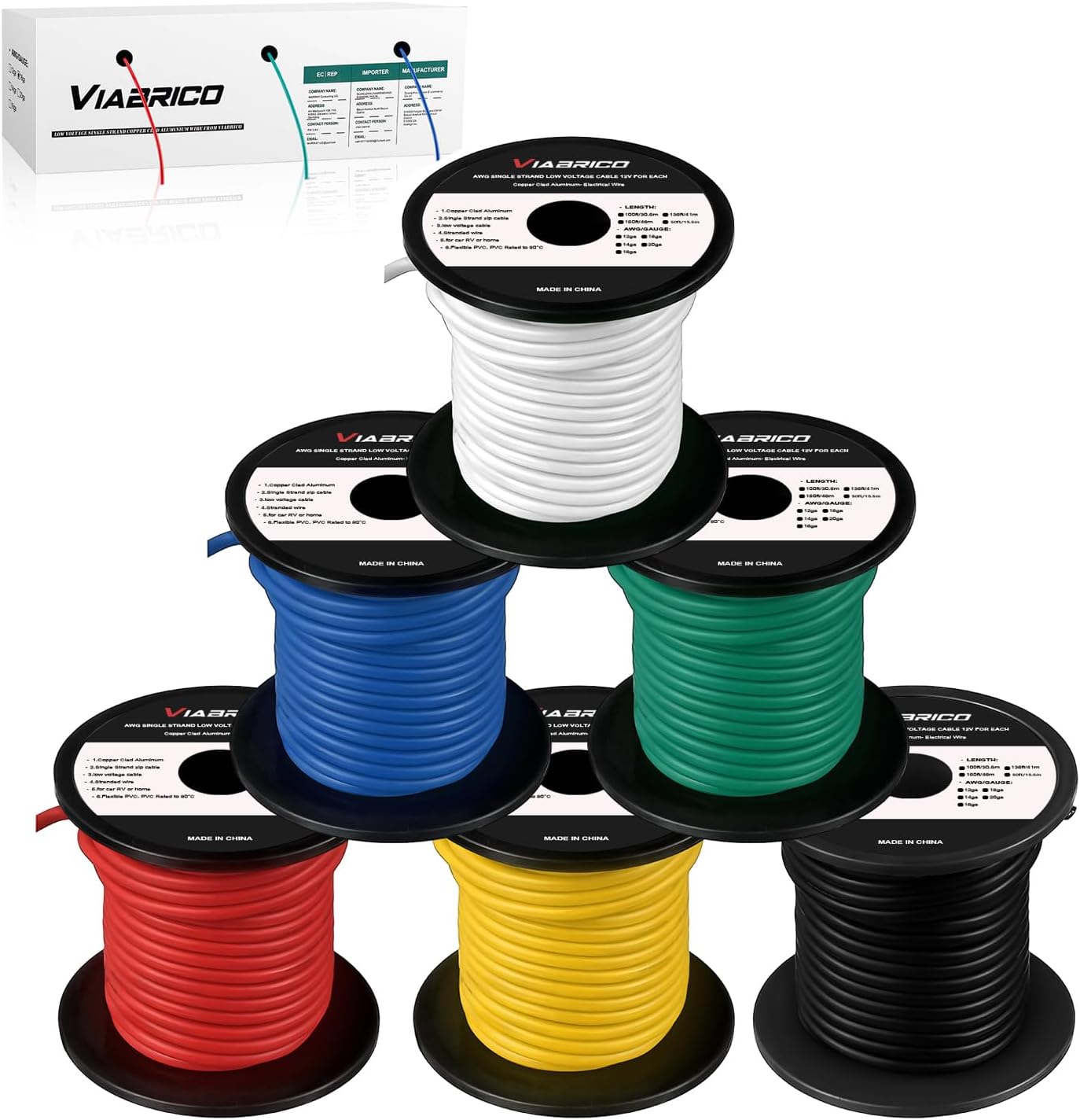 14 Gauge Wire - 600FT, 100ft Spool, 6 Colors, Copper Clad Aluminium, Low Voltage, Hookup Wire Kit for Breadboard/Automotive/DIY/Battery