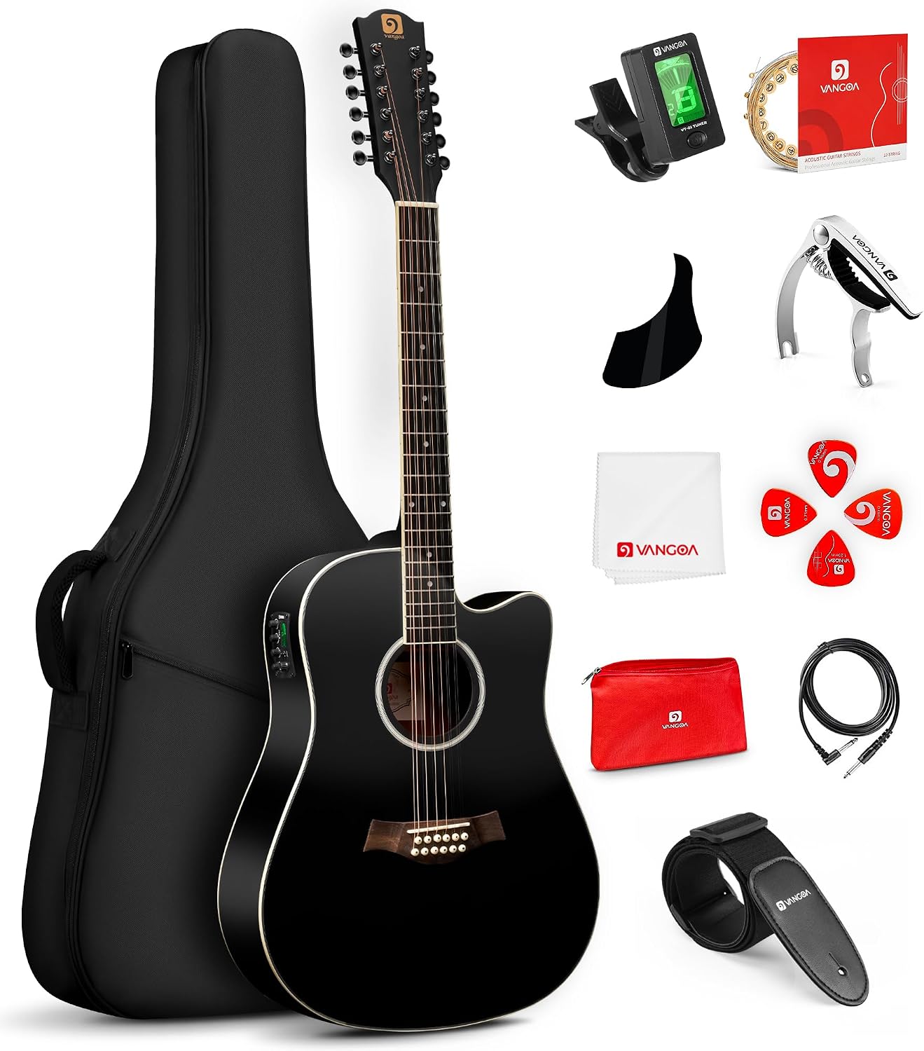 Vangoa 12 String Guitar Acoustic Electric, Upgraded Guitar 12 Strings Bundle for Beginner Intermediate Adults Teens, Guitarra de 12 Cuerdas, Spruce Top Bone Nut, Black, Matte