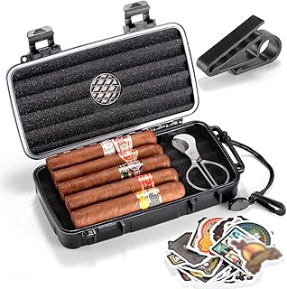 Portable Cigar Humidor Case - Travel Cigar Box with Built-in Humidifier Disc, Stickers & Cigar Cutter | Airtight | Portable | Water/Crushproof (Holds up to 5 Cigars)