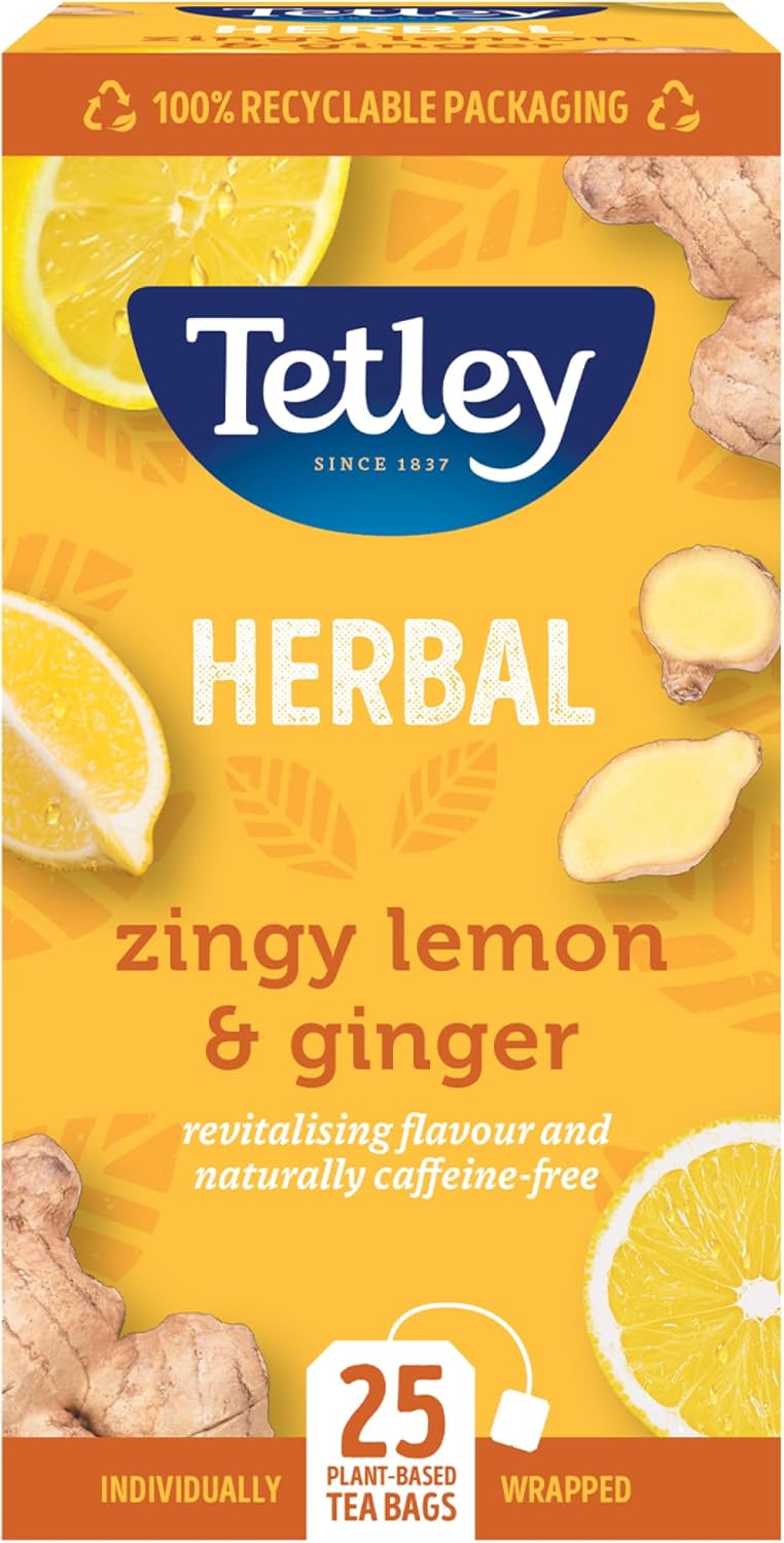 Tetley Zingy Lemon & Ginger Herbal Tea Bags - Naturally Caffeine-Free - Perfectly Balanced Citrus & Spice Infusion - Ideal for Relaxation - Rainforest Alliance Certified - 25 Teabags (1 Pack)
