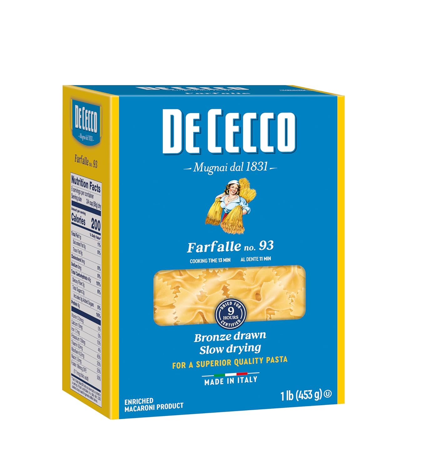 De Cecco Farfalle No. 93 Pasta, 16 Oz, Authentic, Slow Dried, Made with Durum Wheat, Versatile Pasta for Sauces & Recipes, Made in Italy