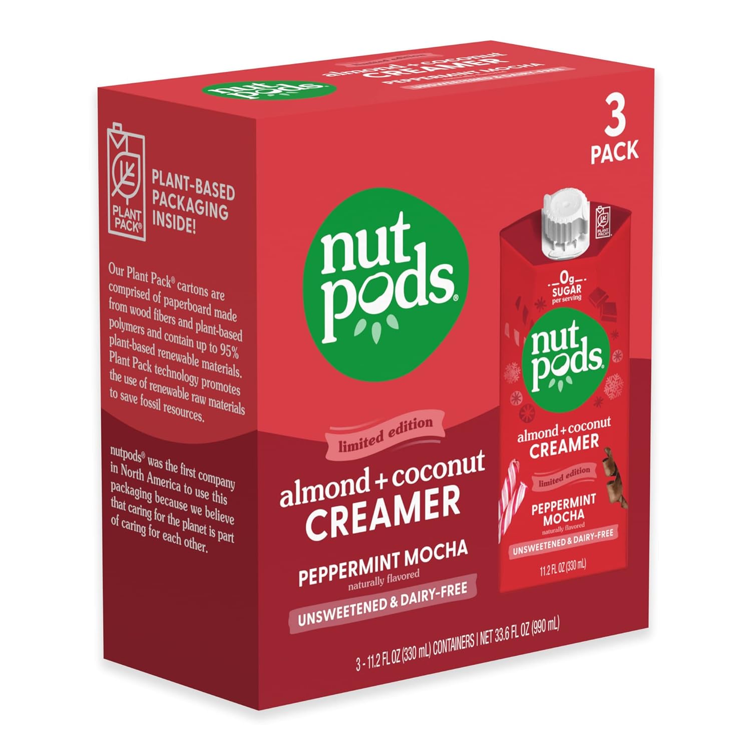 nutpods Peppermint Mocha, (3-Pack), Unsweetened Dairy-Free Creamer, Made from Almonds and Coconuts, Whole30, Gluten Free, Non-GMO, Vegan, Kosher