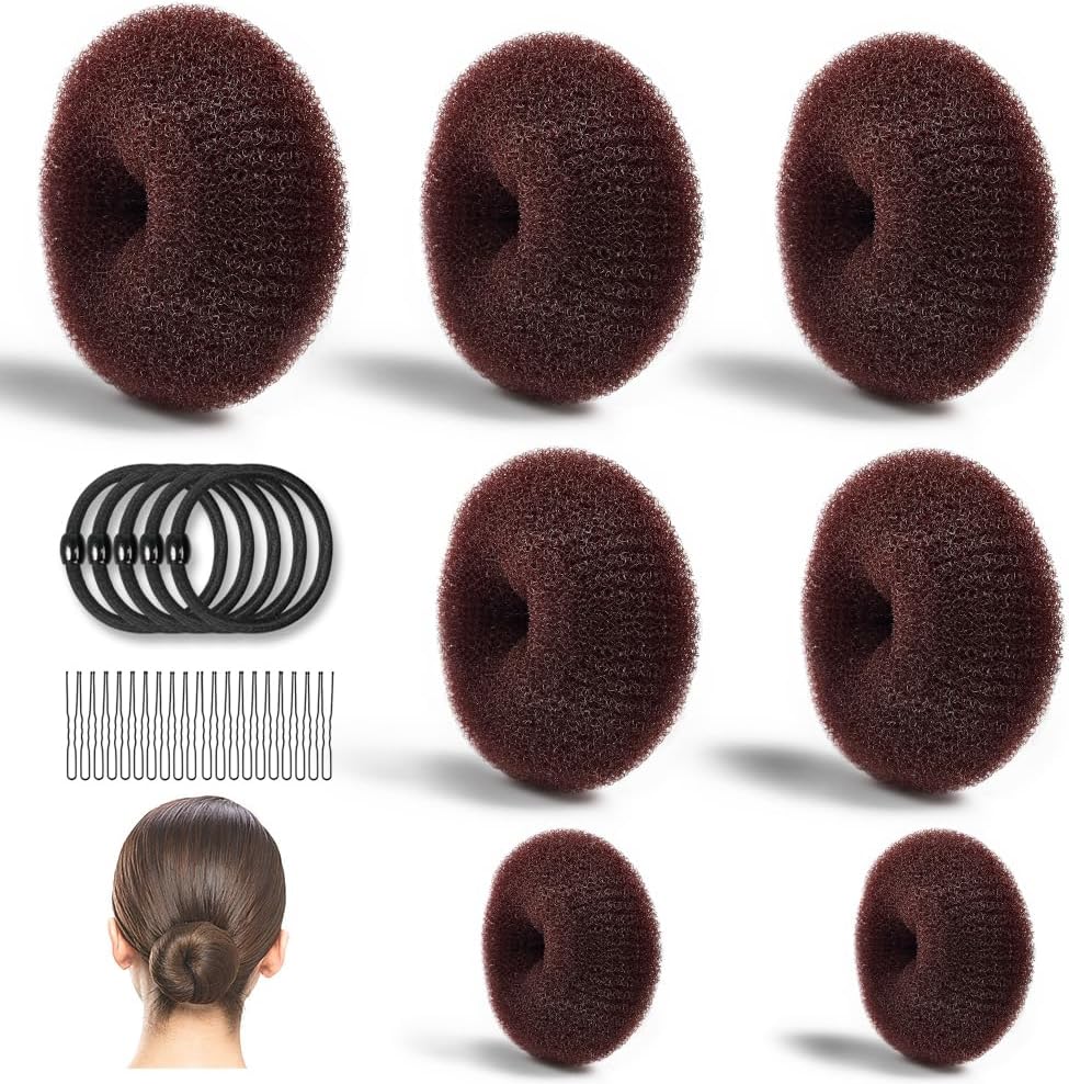Hair Bun Maker, MORGLES 7pcs/4 Sizes Hair Donuts for Buns with 5pcs Elastic Bands, 20pcs Bobby Pins for Ballet Dancers Women Children, Dark Brown