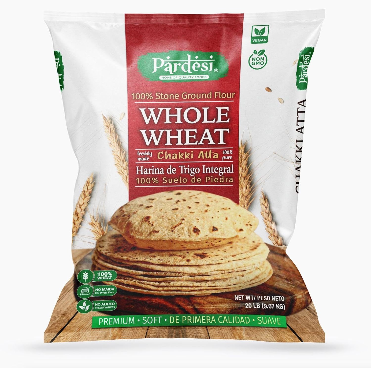 PARDESI Fine Whole Wheat Flour (Stone Ground) 20 LB (9.07 KG) Chakki Atta - Bulk Size I Indian Origin