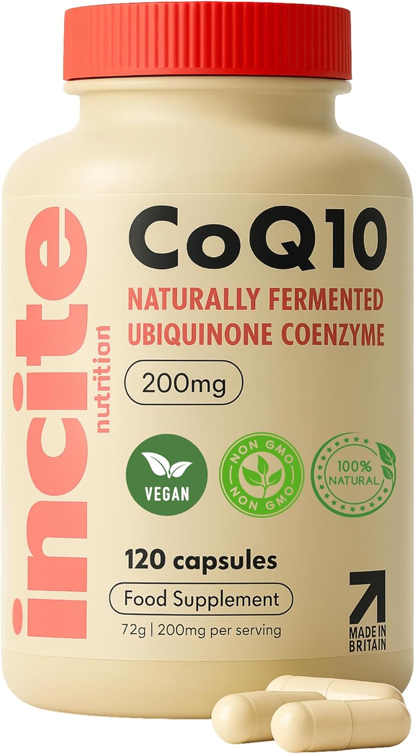 Incite Nutrition Premium CoQ10 Ubiquinone 200mg – 120 Vegan Capsules - Naturally Fermented High Absorption Coenzyme Q10 - Heart, Energy & Fertility Support - Made in UK - Non-GMO - GMP Quality