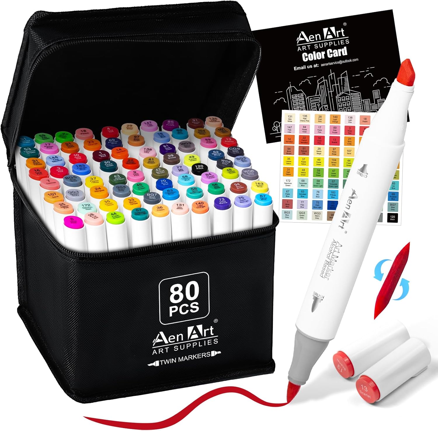 Aen Art Alcohol Brush Tip Markers, 80 Colors Dual Tip Art Marker Set with Carrying Case, Perfect for Coloring Illustration, Adult Book Drawing, Sketching, Painting