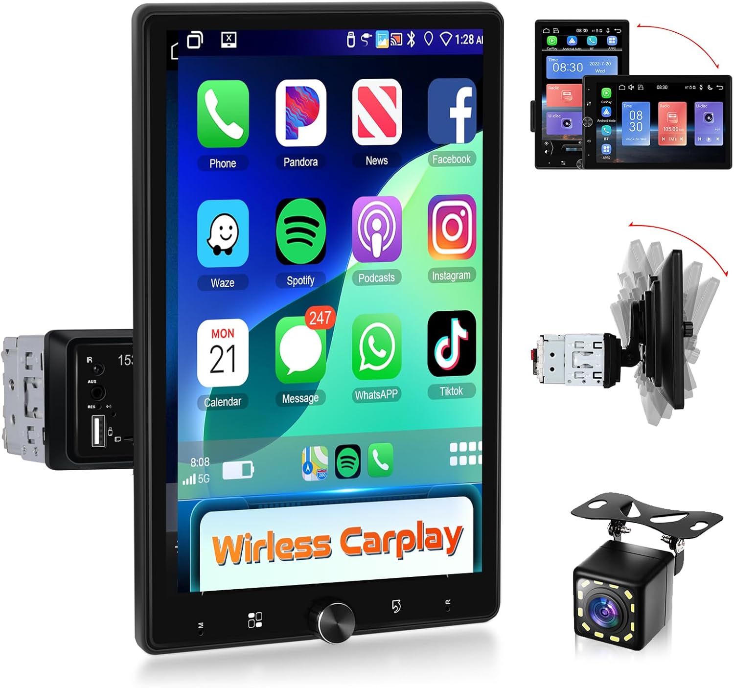 Podofo 10.4" Single Din Radio Car Stereo with Wireless CarPlay & Android Auto, Rotatable Touch Screen, Bluetooth, 16-Band EQ Audio, Mirror Link, SWC, FM, USB, TF, Backup Camera