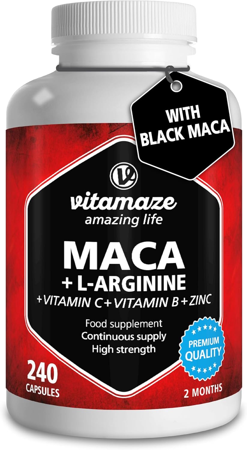 Maca Root Capsules for Women and Men with L-Arginine, B6, B12 and Zinc - Hormonal Balance, Anti-Stress, Energy Booster - 240 Capsules for 2 Months - Organic Supplement, German Quality- Vitamaze