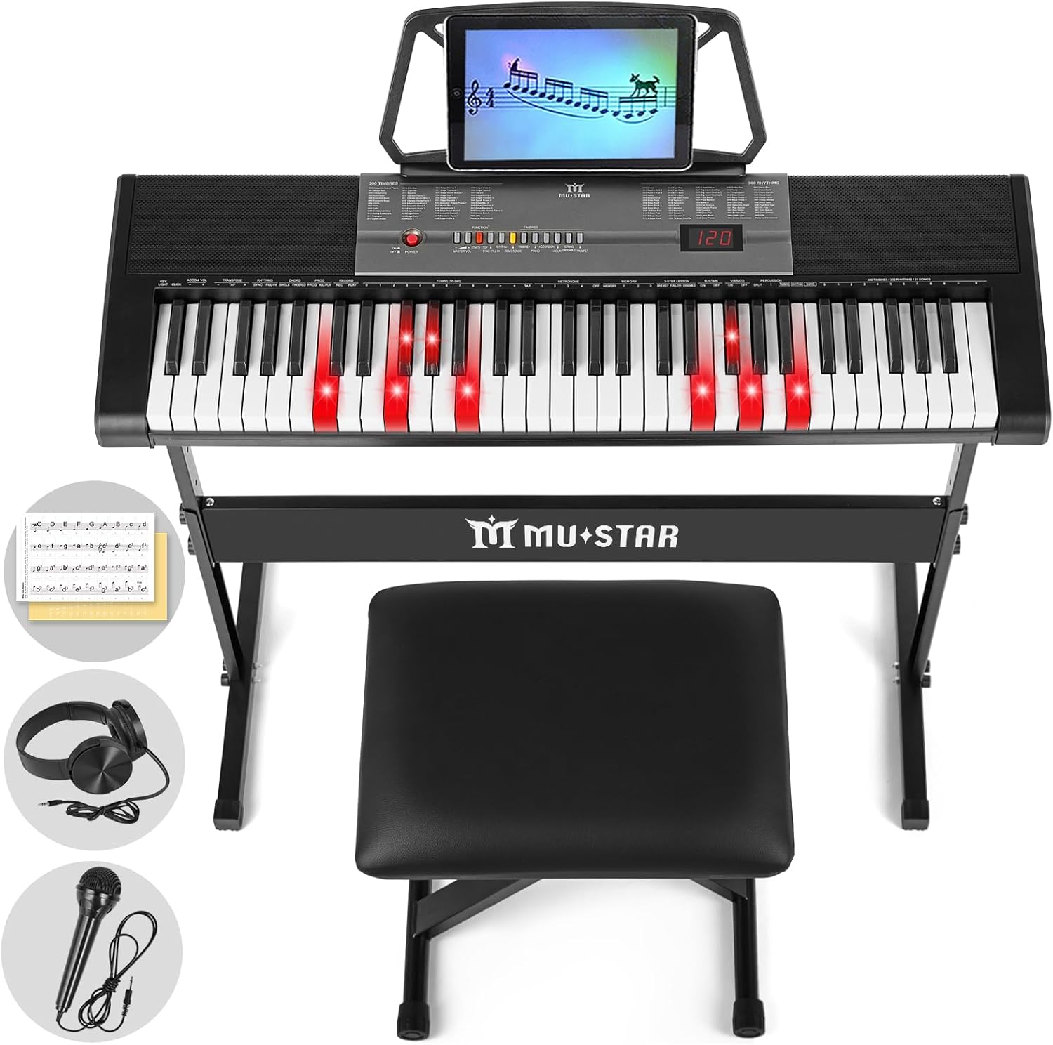 61 Key Electronic Keyboard Piano with Lighted up Keys,LCD,Headphones,X-Stand,Stool,Music Rest,Microphone,Note Stickers,Built-In Speakers,3 Teaching Modes,Ideal for Beginner Adult (Black with Stool)