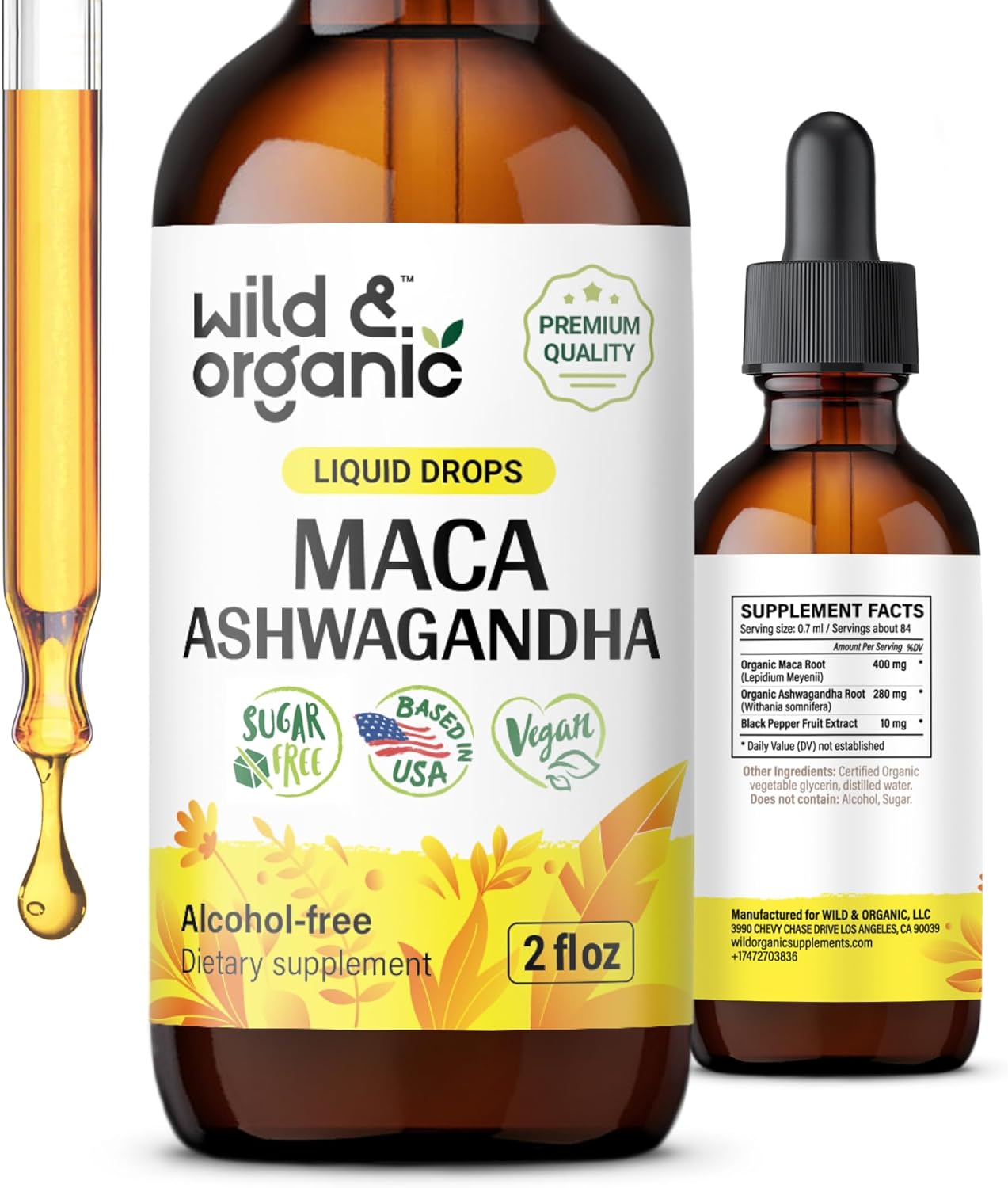 Wild & Organic Maca Ashwagandha Drops for Men and Women - Peruvian Maca Root and Ashwagandha Tincture for Overall Support - Vegan, Sugar & Alcohol-Free Extract Supplement - 2 fl oz
