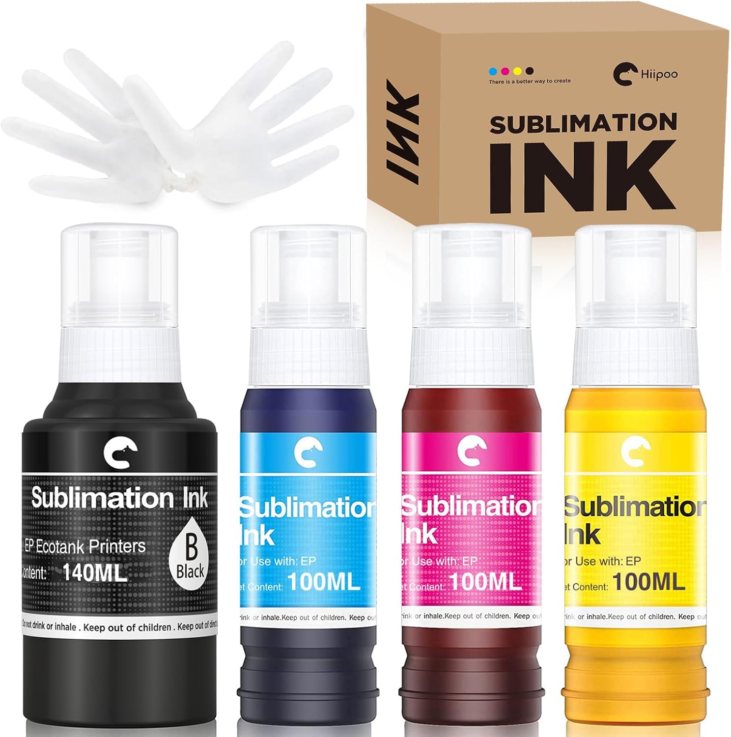 Hiipoo 440ML Sublimation Ink Refilled Bottles Compatible for ET2400 ET2720 ET2760 ET2750 ET4800 ET-2800 ET-2803 ET-2850 Inkjet Printers Heat Press Transfer on Mugs T-Shirts, 1BK/1C/1Y/1M