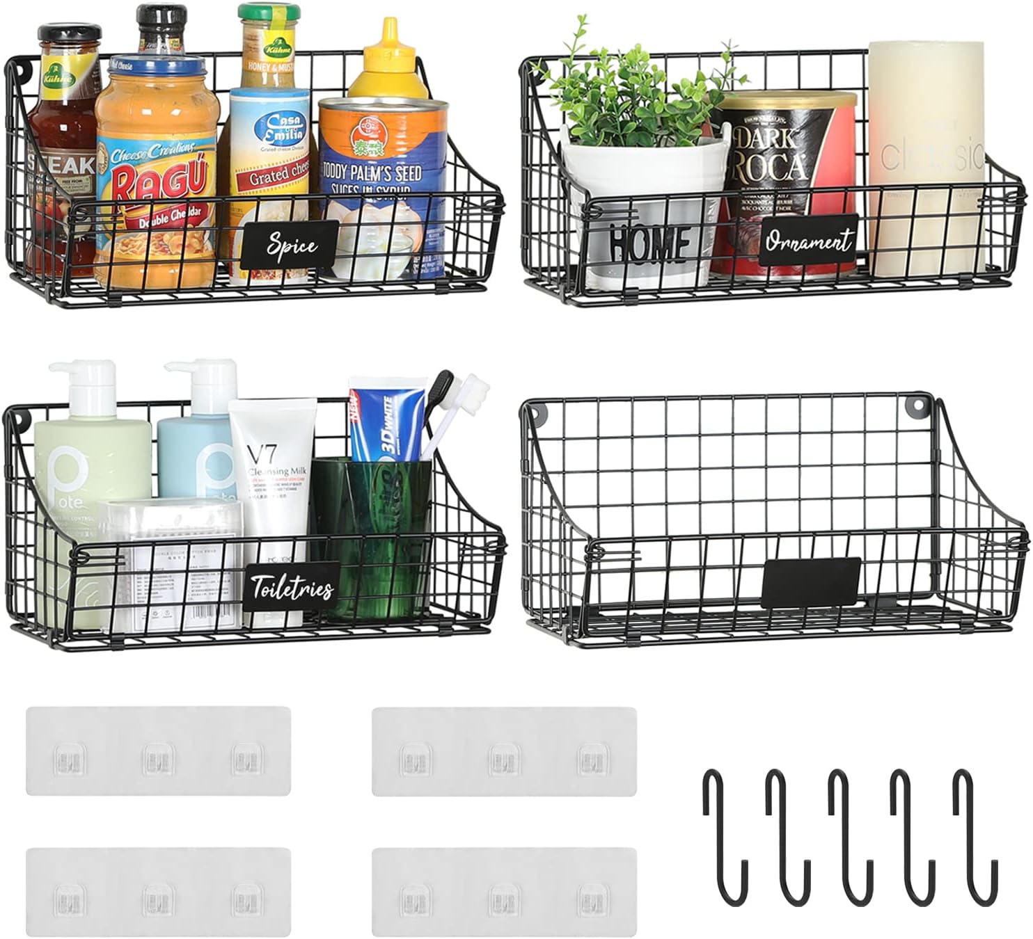 4 Pack Hanging Wall Basket for Organizing, Large Wire Basket for Storage Pantry with 5 S Hook+4 Adhesive Hook, Wall Mounted Shelf for Kitchen Bathroom
