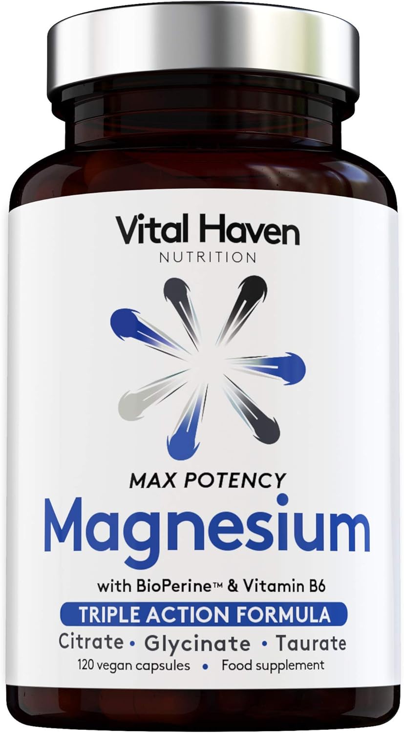 [Vital Haven] Complex Triple Action Formula - Magnesium Citrate + Glycinate + Taurate and Vitamin B6 with Bioperine for Maximum Absorption - Max Potency - Premium Ingredients - Vegan - Made in The UK