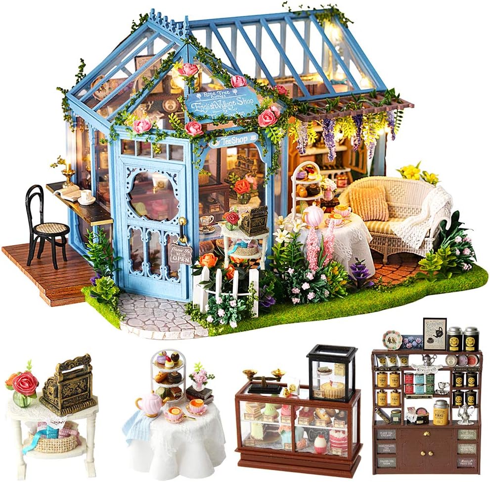CUTEBEE Dollhouse Miniature with Furniture, DIY Wooden DollHouse Kit, 1:24 Scale Creative Room for Valentine's Day Gift Idea-Rose Garden Tea House