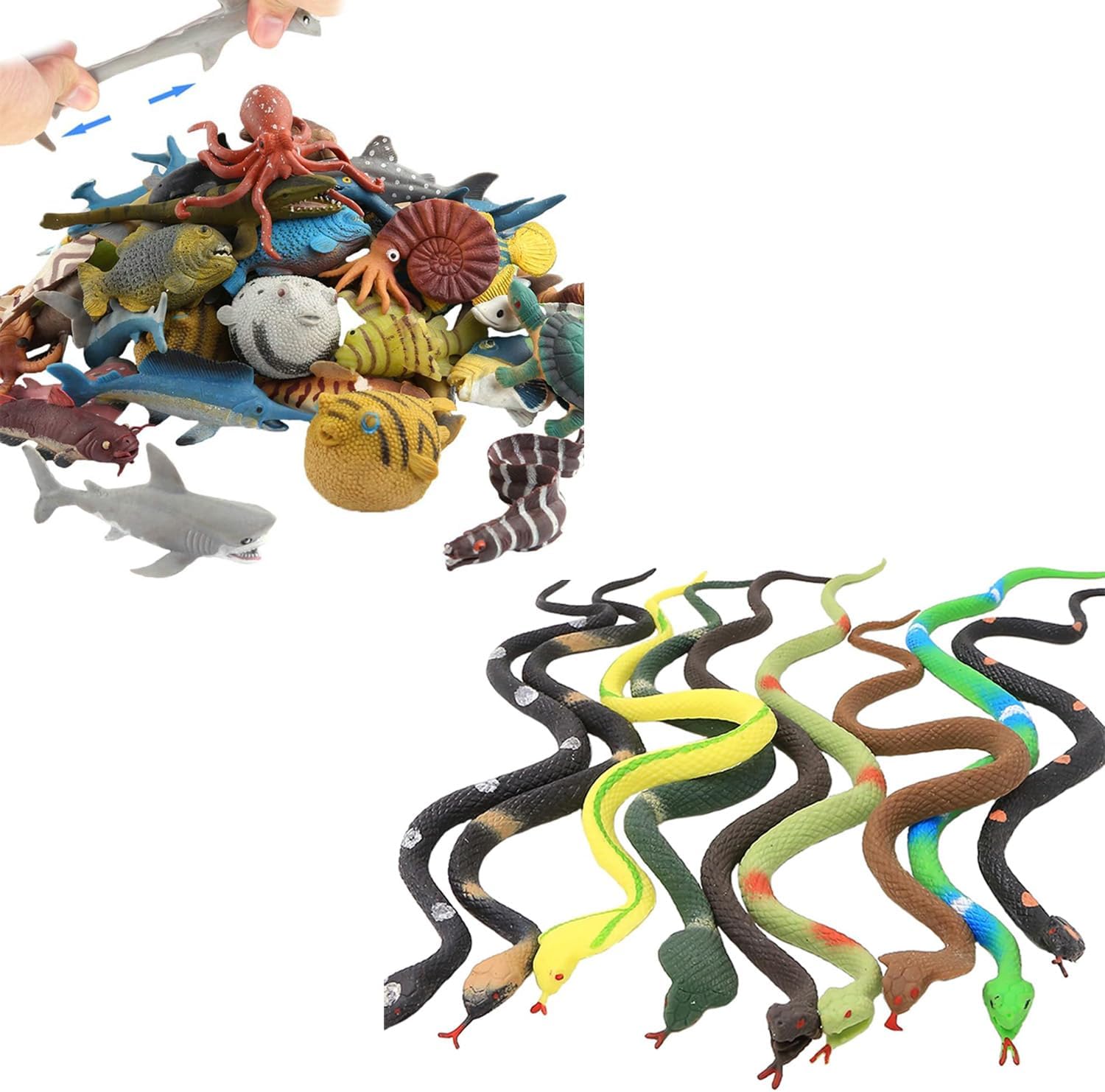 9 Pcs 6-inch Snake and 18 Pcs Mini Ocean Animal Rubber Figure Toy Set